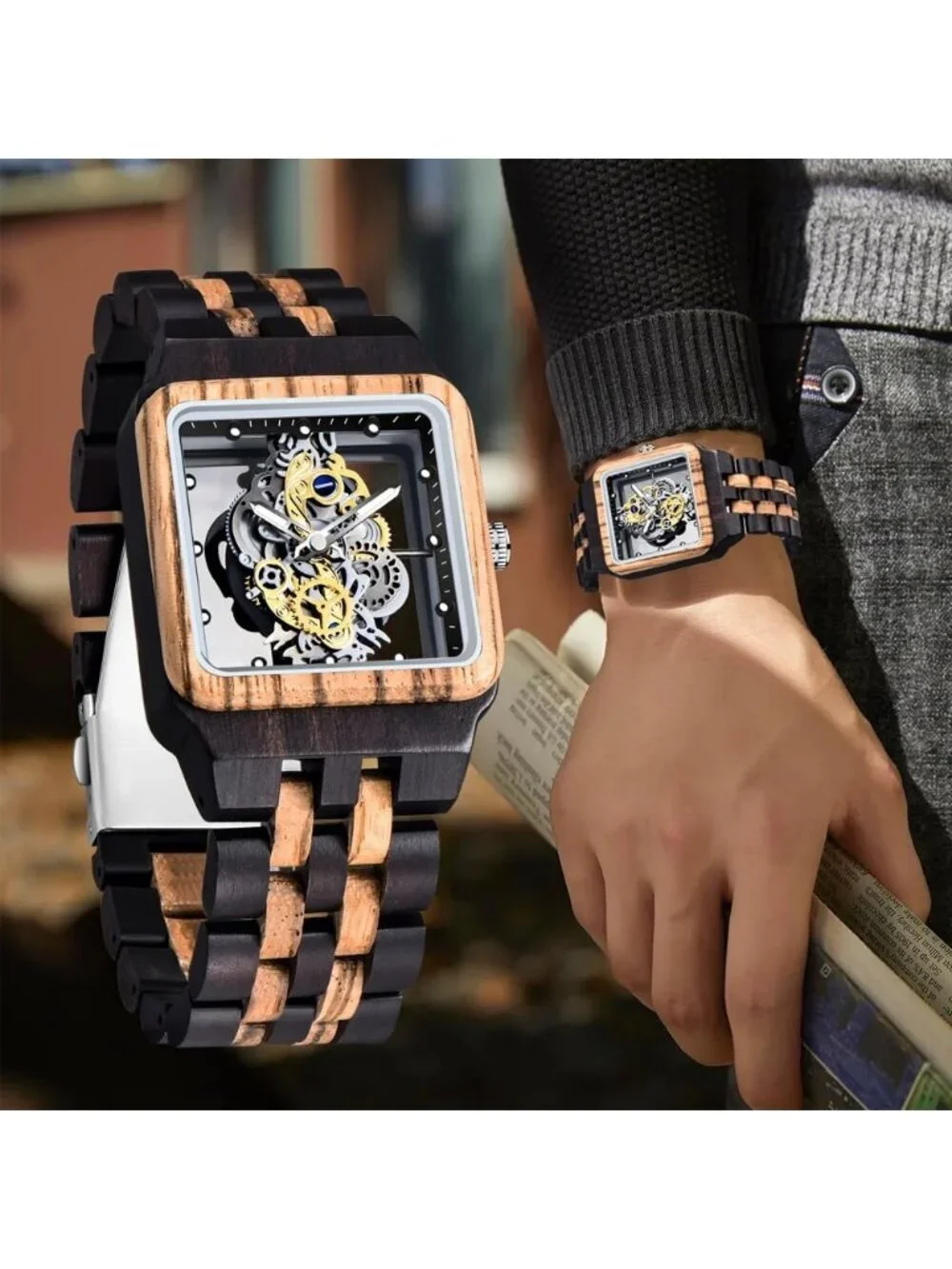 Men's Black Brown Square Skeleton Buckle Analog Quartz Classic Wooden Watch